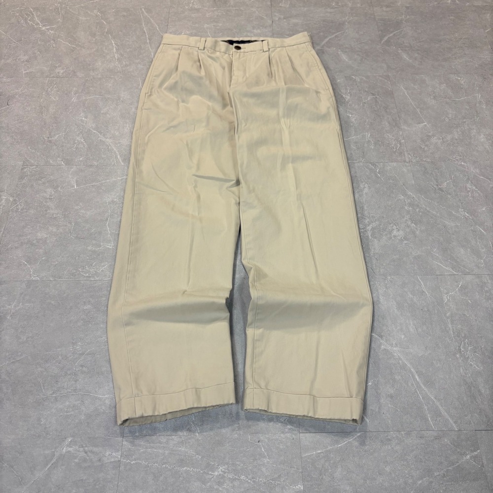 Brooks Brothers Elliot Pleated Chinos Khaki Tan Cotton Cuffed Pants Mens 33x32